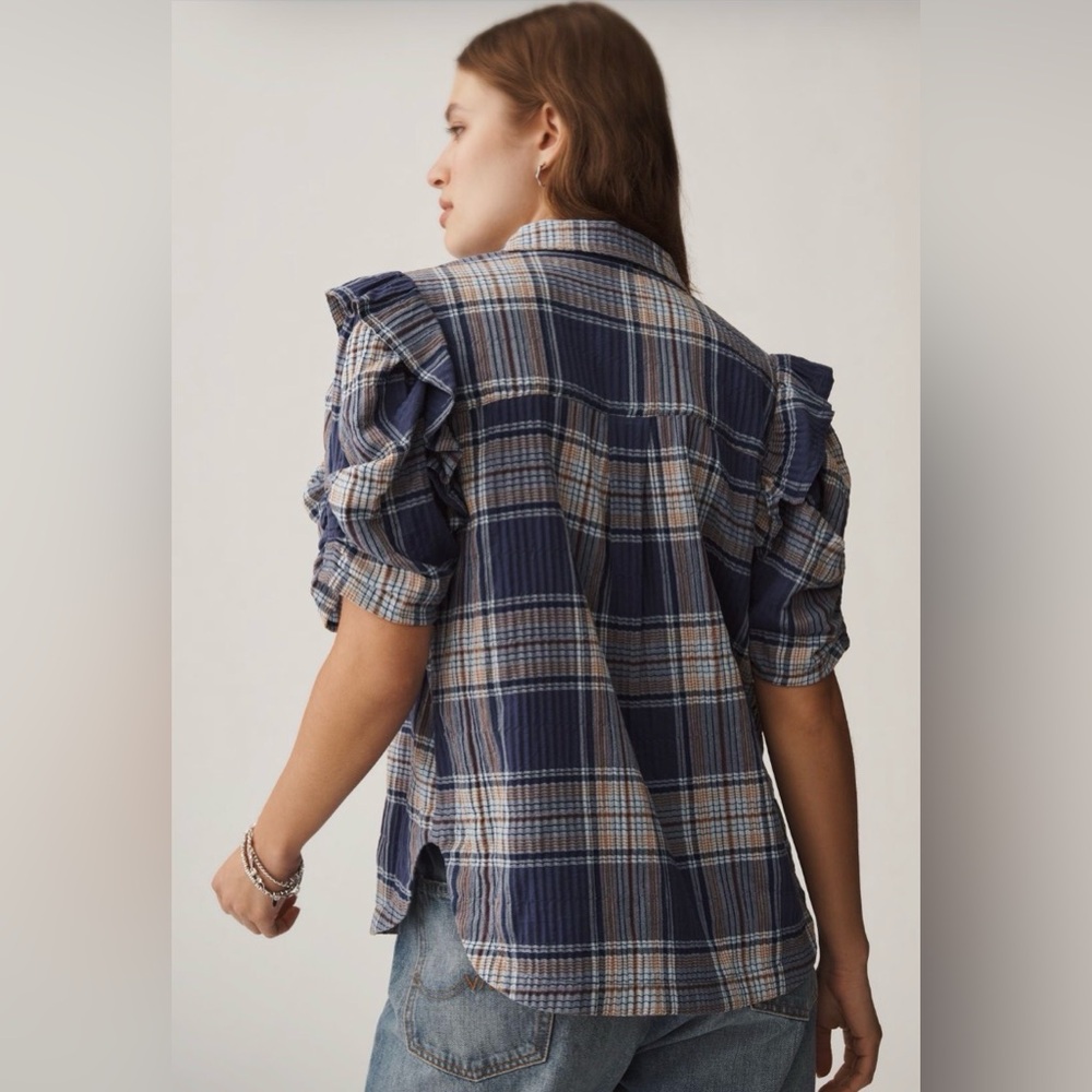 Pilcro Ozzi Plaid Ruffle-Sleeve Buttondown Shirt xl - Picture 2 of 4